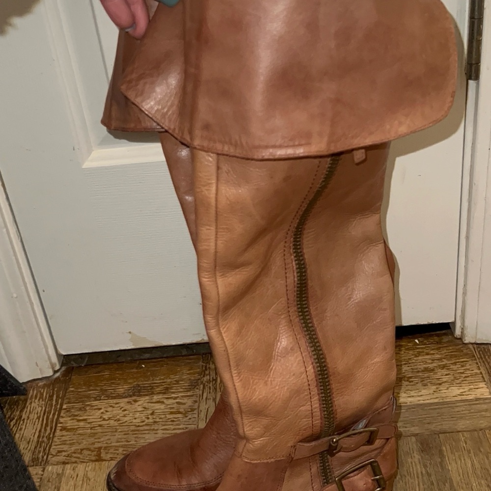 Brown Knee-High Boots with Buckle and Zipper - Picture 5 of 8